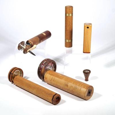 "(6pc) WOOD KALEIDOSCOPES | A collection of 20th century wooden kaleidoscopes, each unsigned, including a kaleidoscope with a body...
