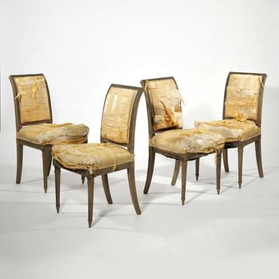 (4pc) L. ALAVOINE & CIE FRENCH SIDE CHAIRS | Late 19th / early 20th century, with compound curved square backrest over tapering...