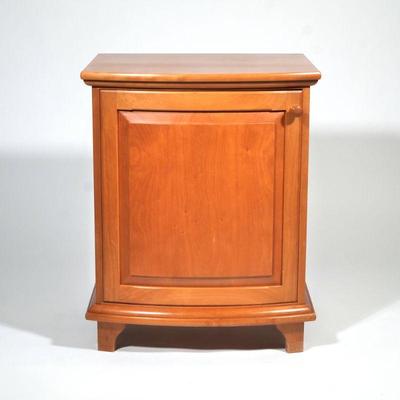 "[SIGNED] BESPOKE BOWFRONT CABINET | Artisan made furniture, signed D. Ficken, 2003, bedside table with a single cabinet door before...