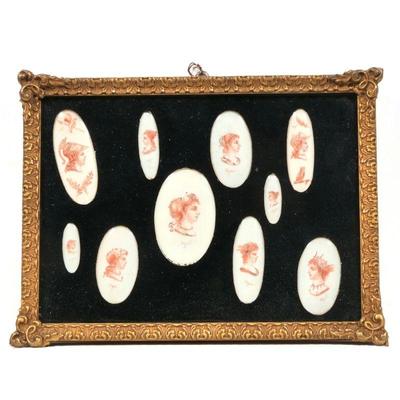 "AZER" MINIATURE PORTRAITS | 10 oval miniature portraits, framed together, mostly profile views of men and women, one with...
