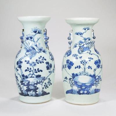 "PAIR CHINESE BLUE & WHITE VASES | Decorated with birds among flowering branches above pools of water
h. 16.5 x dia. 8 in."
