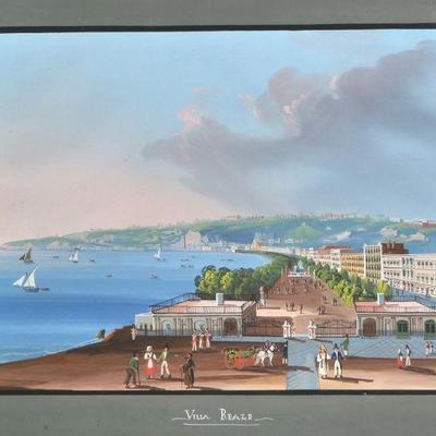 19TH CENTURY NEAPOLITAN GOUACHE | Villa Reale
Sight 14 x 19 in.
in a fine burled frame under glass
h. 18.25 x w. 23.5 in. (frame)
