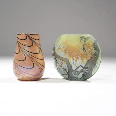 "(2pc) ART GLASS VASES | Including an ovoid vase with tree decoration and another blown vase with swirled pattern
h. 7 x w. 3.5 x l....