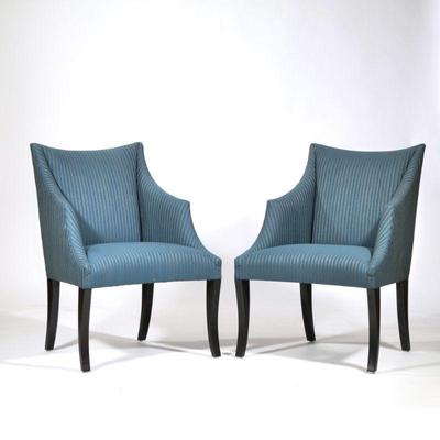 "(2pc) PAIR BLUE UPHOLSTERED DONGHIA | Contrasting striped blue upholstery
h. 36 x w. 25.5 x l. 24 in. ARMCHAIRS"
