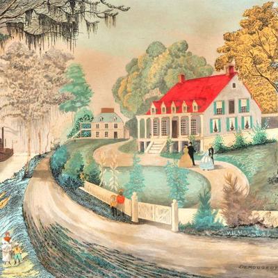 """DEMOUGEOT"" FOLK ART TOWNSCAPE (20TH CENTURY) | colonial townscape, early 20th century 
Mixed media on board...
