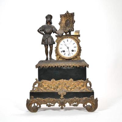 "RICHOND FABT. FIGURAL SHELF CLOCK | A figural shelf clock designed as an artist standing next to an easel with framed bronze work...
