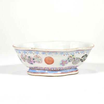 "HEREND CANDLESTICK | Rothschild Bird Herend candlestick with gilt borders
h. 7 x dia. 5.25 in."
CHINESE FAMILLE ROSE BOWL |...