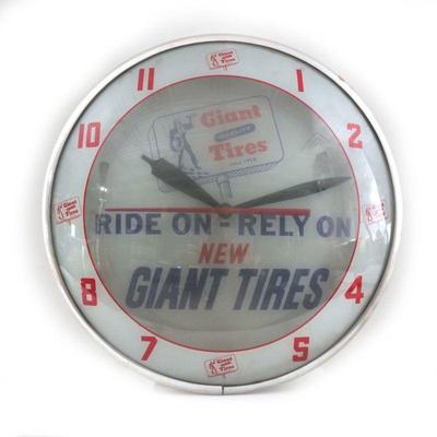 "GIANT TIRES DOUBLE BUBBLE LIGHTED CLOCK | Lighted double bubble clock, the face with ""Giant Quality Tires""...
