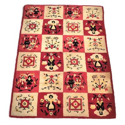 ANTIQUE AMERICAN PICTORIAL HOOKED RUG, HILFIGER COLLECTION | Having alternating red and beige squares stitched with figures, flowers,...