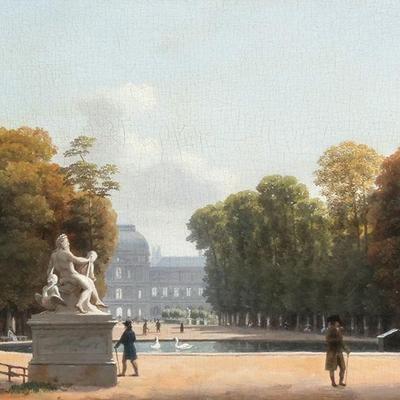 EUROPEAN SCHOOL (18TH/19TH CENTURY) | Park scene with a carved statue
oil on panel
no apparent signature
h. 14.5 x w. 17.75 in. (frame)
