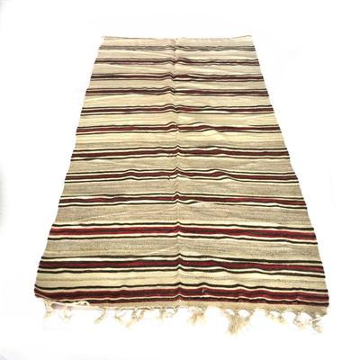 MEXICAN / AMERICAN STYLE WOVEN RUG, HILFIGER COLLECTION | natural yarn with bands of red; Original stock No. (#14) - w. 58 x l. 142 in.
