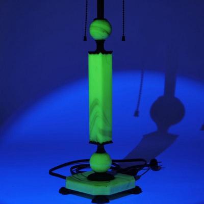 "URANIUM SLAG GLASS LAMP | Two light uranium slag glass table lamp with an octagonal base, three component column, and a matching...