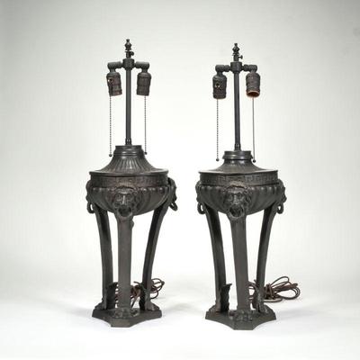 NEAR PAIR 19TH/20TH CENTURY IRON LAMPS WITH LION MOUNTS | h. 16.75 x dia. 9 in. (base only)