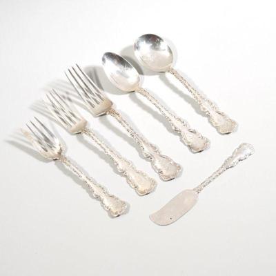 (57pc) WHITING LOUIS XV PATTERN STERLING SILVER PARTIAL FLATWARE | Comprising 12 dinner forks; 11 salad forks; 11 dessert forks; 12...