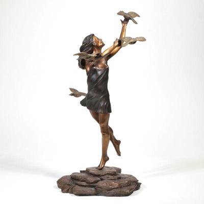 "RICHARD HALLIER (1944-2010), BRONZE | Girl with doves
ed. 14/1000
Signed and dated on base
Figure swivels on base
h. 21 x w. 12 x...