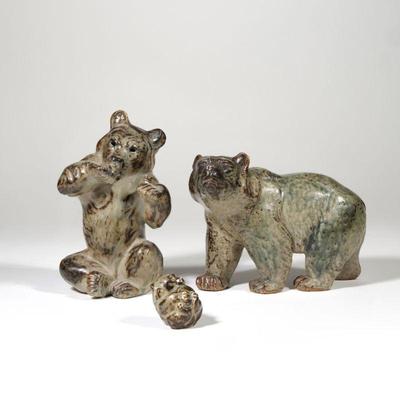 "(3pc) KNUD KYHN ROYAL COPENHAGEN BEARS | Mid-century glazed porcelain bear figures by Knud Kyhn for Royal Copenhagen, Denmark,...