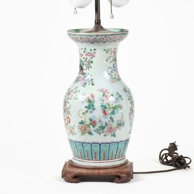 "CHINESE FAMILLE ROSE VASE | Porcelain enamel decorated vase mounted on a wood scroll-footed stand and electrified as a lamp with a...