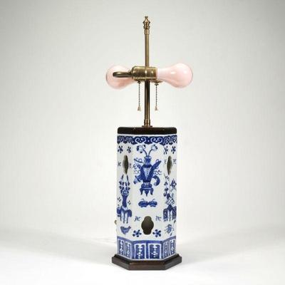 "CHINESE BLUE & WHITE LAMP | Porcelain only 
h. 11.75 x 6 in."