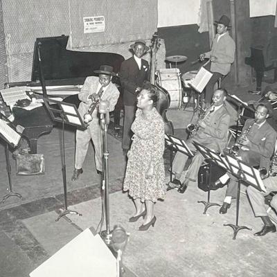 "BILLIE HOLIDAY PHOTOGRAPH, RECORDING STUDIO 1940 | Billie Holiday in the studio at a recording session in New York
L-R Sonny White...