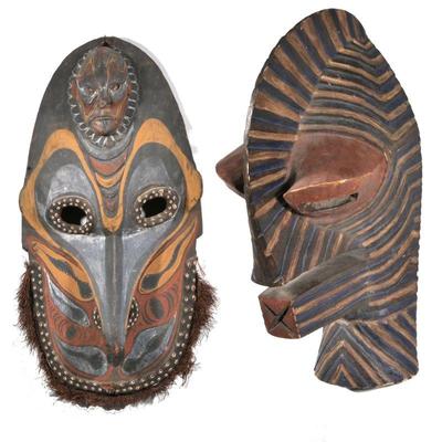 (2pc) ETHNOGRAPHIC CARVED POLYCHROME MASKS | First mask height, 24 inches second mask (with shells) height 33 inches