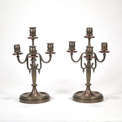 (2pc) PAIR VIENNA BRONZE CANDELABRAS | Four light / three arm candelabra, each marked "Vienna" on the bottom
h. 14 x w. 9 x l....