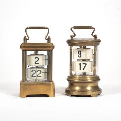"(2pc) PLATO CLOCKS | Two ""Plato"" flip number ""digital"" clocks, including a carriage...