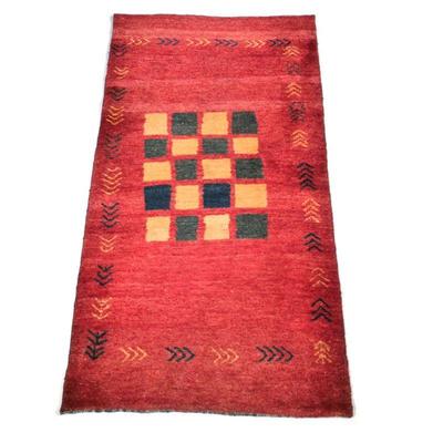 GABBEH WOOL RUG | With blue and beige central checkered medallion - w. 33.5 x l. 66 in.