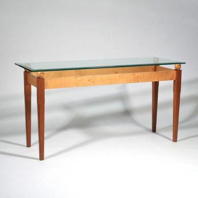 "[SIGNED] TIGER MAPLE SPECIMEN WOOD & GLASS CONSOLE TABLE | Clear Lake Furniture, Ludlow VT; Signed Frank Levar(?) and dated...