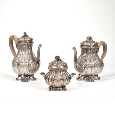 (3pc) ANTIQUE CONTINENTAL SILVER TEA & COFFEE | "800" silver tea and coffee service comprising a wood handled teapot and...