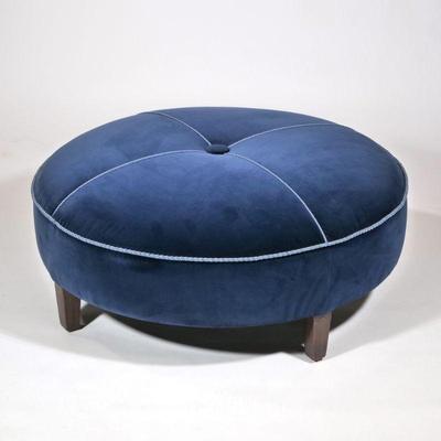 "VELVET UPHOLSTERED 'POUF' OTTOMAN | Dark blue velvet upholstered ottoman of large size
h. 18 x dia. 44 in."