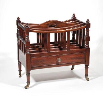 "LATE 19TH /EARLY 20TH CENTURY CANTERBURY | Carved wood Canterbury with single drawe & casters
h. 23 x w. 14 x l. 23 in."
