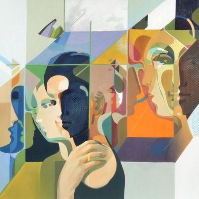 "PETR SCHL?SSER (B. 1945) | geometric abstraction with faces
oil on canvas
h. 28 x 39.5 in, stretcher
signed lower right and dated...