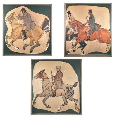 (3pc) EDWARD PENFIELD (AMERICAN, 1866-1925), POSTER-SIZEDTRIPTYCH | Riders
Gouache on paper
43 x 38 in., largest sheet
Showing dapper men...
