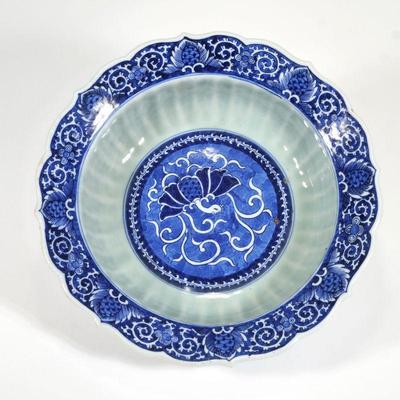 "CHINESE PHOENIX BOWL | Blue and white glazed center bowl with scalloped rim
h. 4 x dia. 12.5 in."
