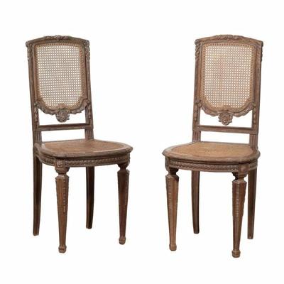 "(2pc) CANE BALLROOM CHAIRS | Notched no. 3 on frame
h. 37 x w. 16.5 x d. 18 in."