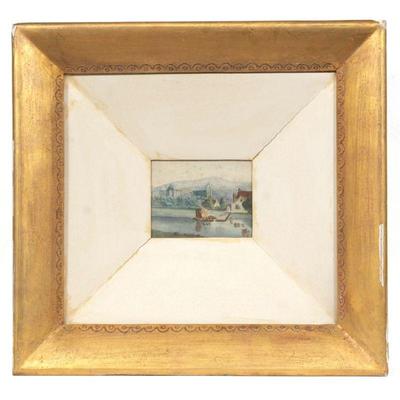 MINIATURE WATERCOLOR PAINTING | h. 2.5 x 3 in., approx sight
in a large shadow box frame
h. 10.5 x w. 11 x d. 2.5 in. (frame)