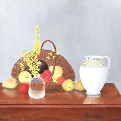 "CLAIRE M. CONANT (AMERICAN, 20TH CENTURY) | Basket of Fruit and Vegetables with Forsythia
h. 28 x 24 in.
oil on canvas
Signed lower...