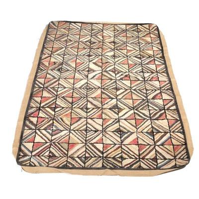 ANTIQUE AMERICAN PATTERNED HOOKED RUG | having hand stitches "tiles" with stripes patterns, on a cotton backing support with a...