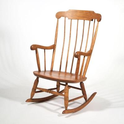 "ROCKING CHAIR | Spindle back rocking chair with turned legs and scroll arms
h. 40.75 x w. 25 x l. 25 in."