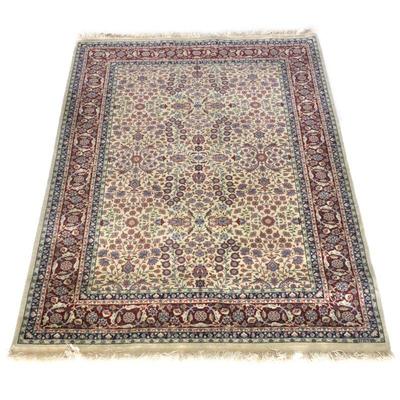"OVERALL PATTERN CARPET | Beige ground within a red border, with label
h. 89 x w. 59 in."