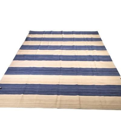 MADELINE WEINRIB "AMAGANSETT" BLUE & BEIGE CARPET | flat woven, having alternating blue and natural yarn block striping,...