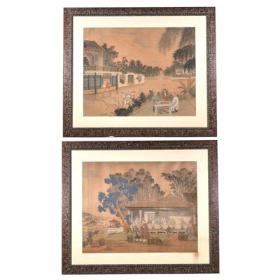 "(2pc) PAIR LARGE CHINESE SILK PAINTINGS | Pair of Chinese silk paintings depicting figures playing games, gossiping, farming and...