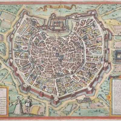 (MILAN.) GEORG BRAUN; AND FRANZ HOGENBERG. MEDIOLANUM | Georg Braun & Grans Hogenberg, 1572
Sight 14 x 19.5 in.
h. 22 x w. 27.25 in....