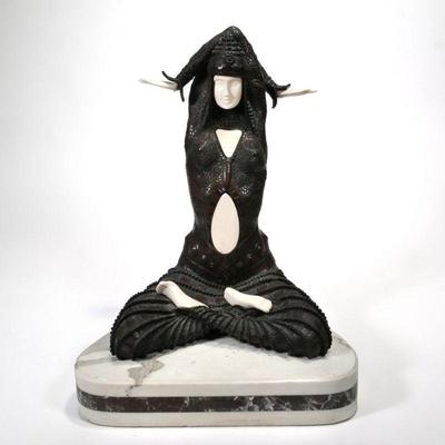 "AFTER DEMETRE CHIPARUS | Seated figure, temple goddess
h. 17.5 x w. 13.5 x d. 10.5 in."