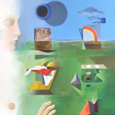 "PETR SCHL?SSER (B. 1945) | geometric abstraction with faces
oil on canvas
h. 28 x 39.5 in, stretcher
signed lower right and dated...