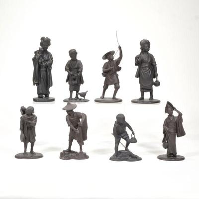 "(8pc) JAPANESE MEIJI BRONZE FIGURES | Including 4 female figures, one holding a cat, 3 male figures, two fishermen and one with a...