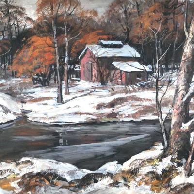 "CARL GAERTNER (AMERICAN, 1898-1952) | Sugar Camp
oil on masonite
h. 28 x w. 40 in., sight
Signed lower right and dated 1941; titled...