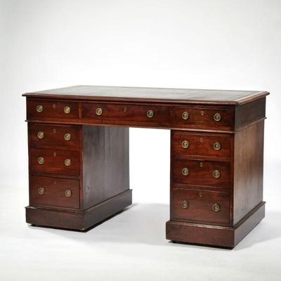 "ENGLISH MAHOGANY PEDESTAL WRITING DESK OF DESIRABLE SIZE | Very fine, having a rectangular top with gilt-tooled green leather...