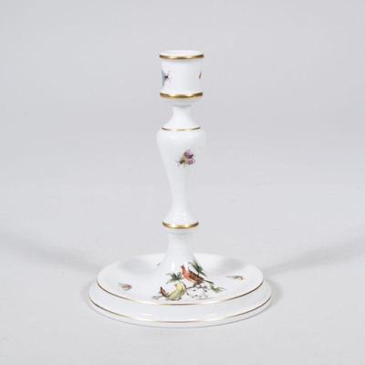 "HEREND CANDLESTICK | Rothschild Bird Herend candlestick with gilt borders
h. 7 x dia. 5.25 in."