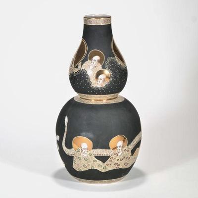 JAPANESE BLACKWARE SATSUMA DOUBLE-GOURD VASE | h. 18.25 x dia. 9.5 in.

